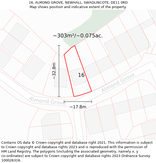 16, ALMOND GROVE, NEWHALL, SWADLINCOTE, DE11 0RD: Plot and title map