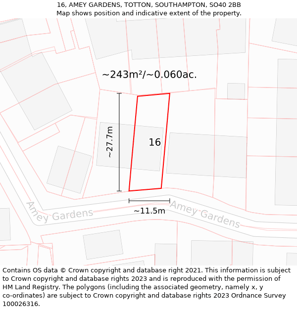 16, AMEY GARDENS, TOTTON, SOUTHAMPTON, SO40 2BB: Plot and title map