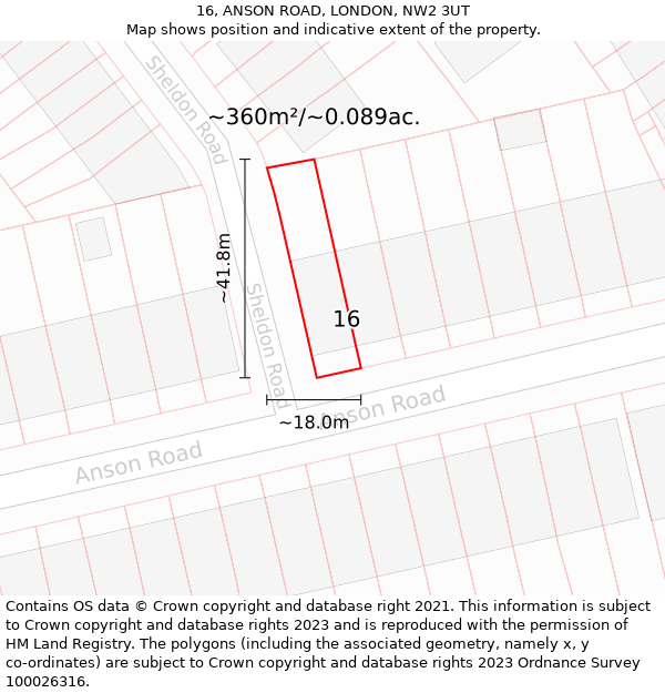 16, ANSON ROAD, LONDON, NW2 3UT: Plot and title map