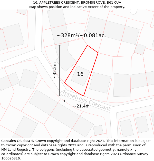 16, APPLETREES CRESCENT, BROMSGROVE, B61 0UA: Plot and title map