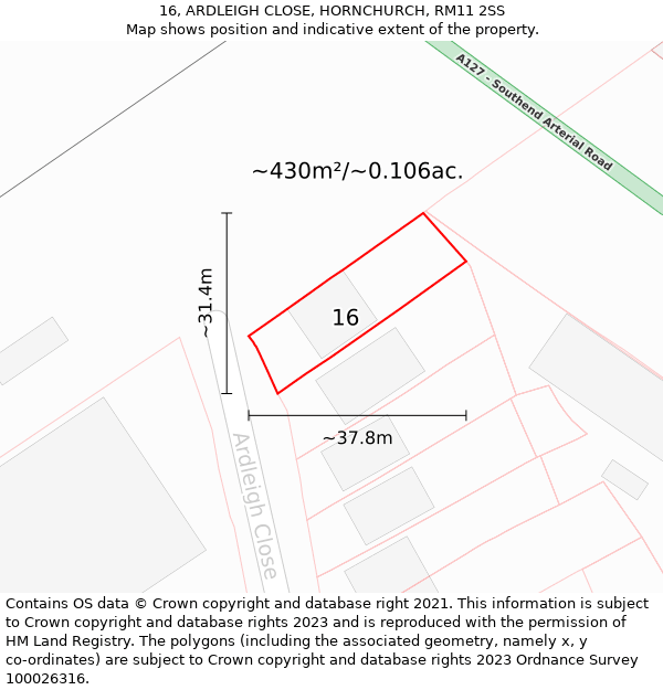 16, ARDLEIGH CLOSE, HORNCHURCH, RM11 2SS: Plot and title map