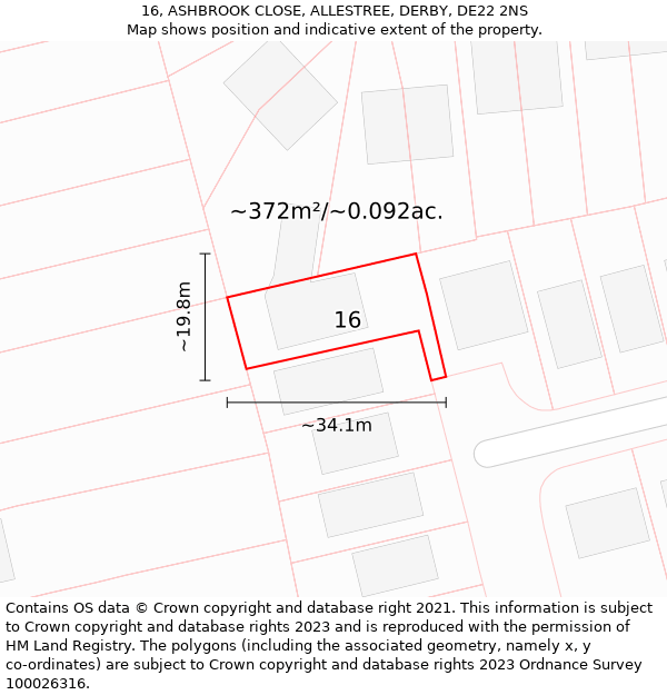 16, ASHBROOK CLOSE, ALLESTREE, DERBY, DE22 2NS: Plot and title map