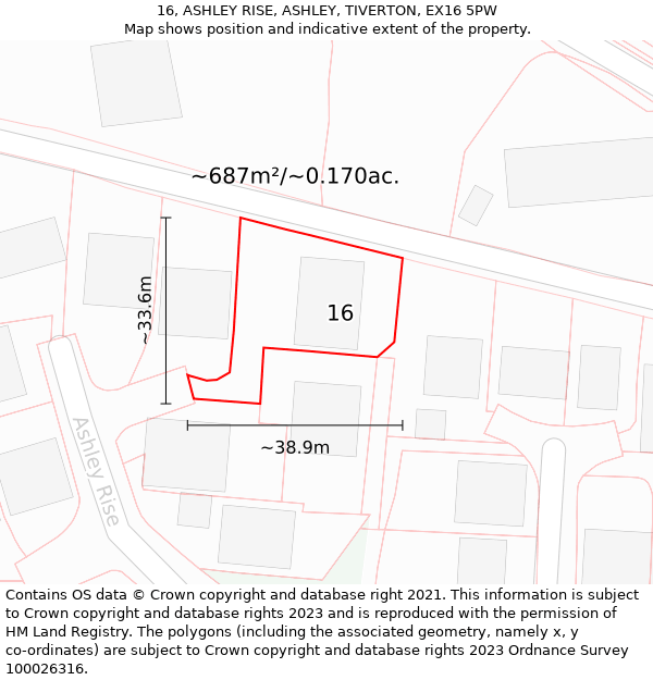 16, ASHLEY RISE, ASHLEY, TIVERTON, EX16 5PW: Plot and title map