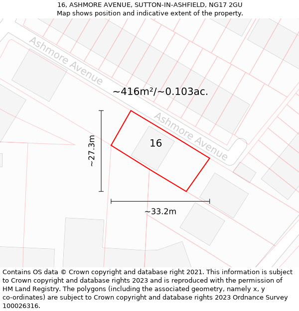 16, ASHMORE AVENUE, SUTTON-IN-ASHFIELD, NG17 2GU: Plot and title map