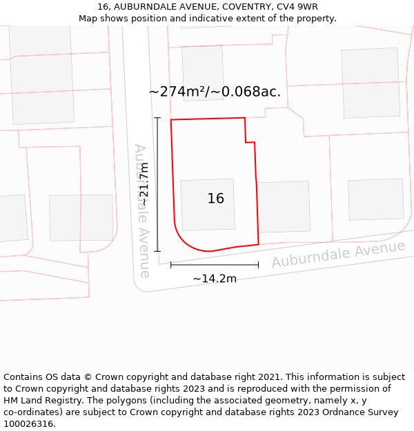 16, AUBURNDALE AVENUE, COVENTRY, CV4 9WR: Plot and title map