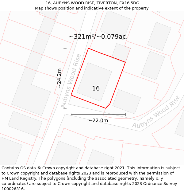 16, AUBYNS WOOD RISE, TIVERTON, EX16 5DG: Plot and title map