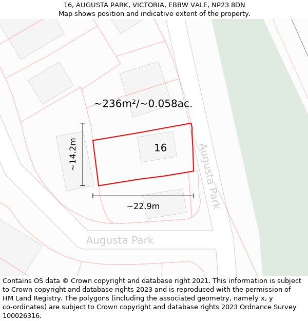 16, AUGUSTA PARK, VICTORIA, EBBW VALE, NP23 8DN: Plot and title map