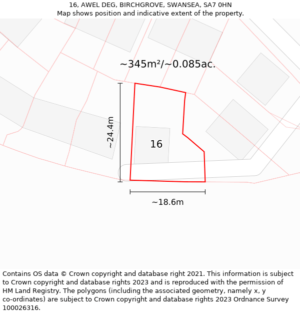 16, AWEL DEG, BIRCHGROVE, SWANSEA, SA7 0HN: Plot and title map