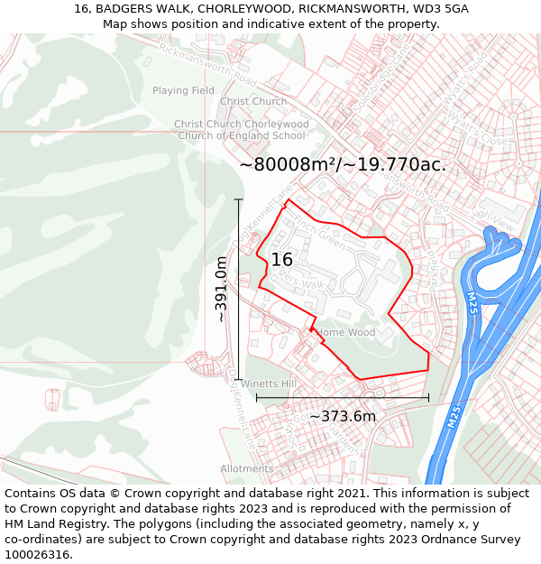 16, BADGERS WALK, CHORLEYWOOD, RICKMANSWORTH, WD3 5GA: Plot and title map