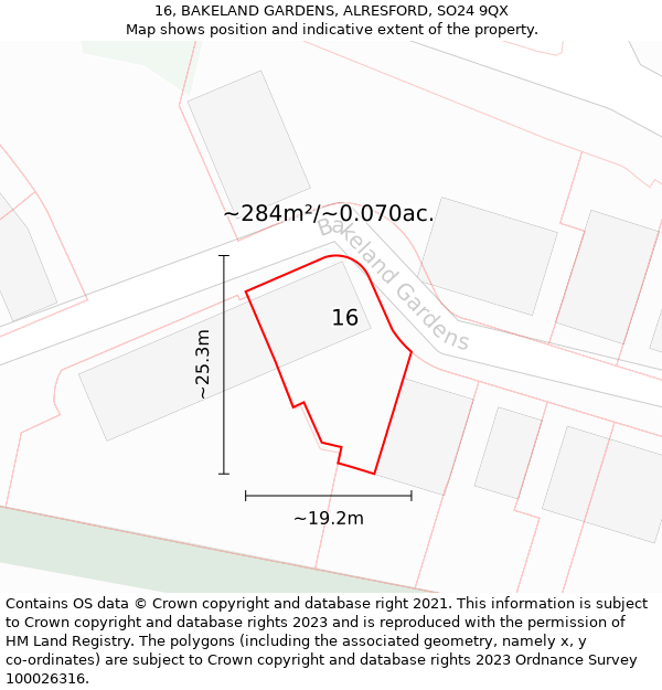 16, BAKELAND GARDENS, ALRESFORD, SO24 9QX: Plot and title map