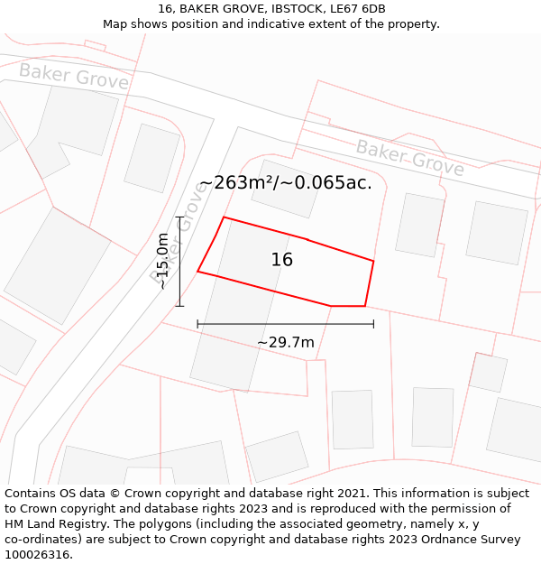 16, BAKER GROVE, IBSTOCK, LE67 6DB: Plot and title map