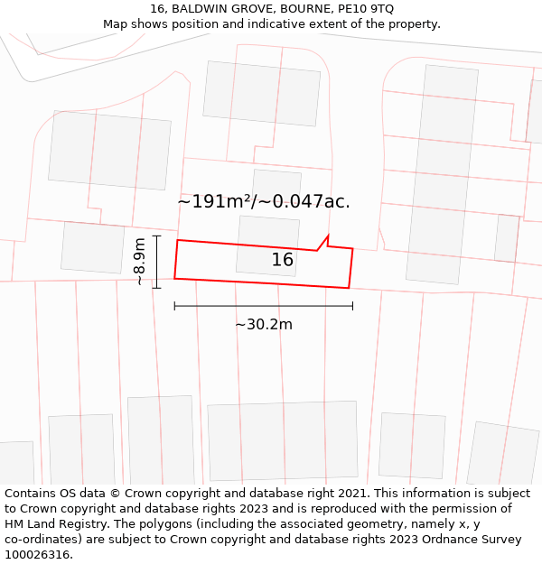 16, BALDWIN GROVE, BOURNE, PE10 9TQ: Plot and title map