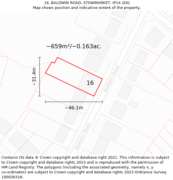 16, BALDWIN ROAD, STOWMARKET, IP14 2DG: Plot and title map