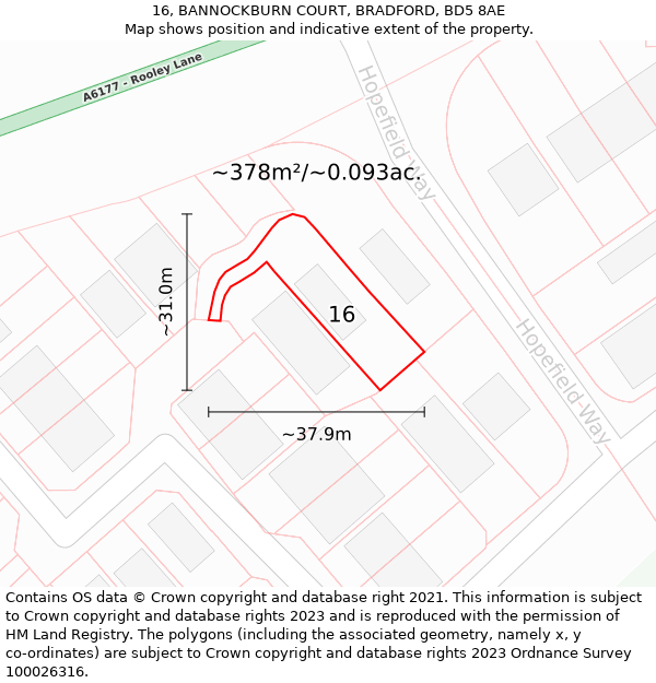 16, BANNOCKBURN COURT, BRADFORD, BD5 8AE: Plot and title map