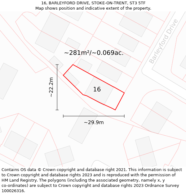 16, BARLEYFORD DRIVE, STOKE-ON-TRENT, ST3 5TF: Plot and title map