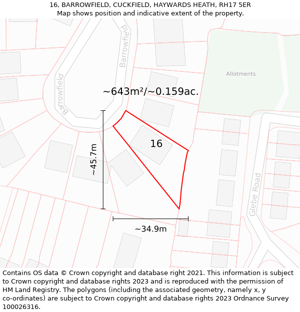 16, BARROWFIELD, CUCKFIELD, HAYWARDS HEATH, RH17 5ER: Plot and title map