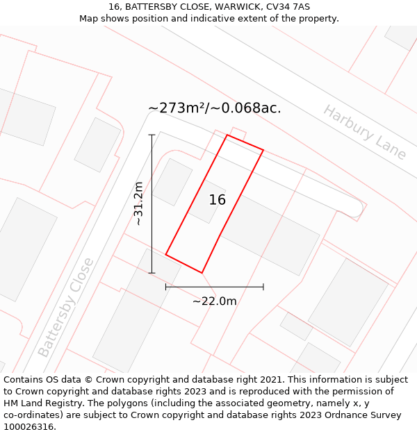 16, BATTERSBY CLOSE, WARWICK, CV34 7AS: Plot and title map