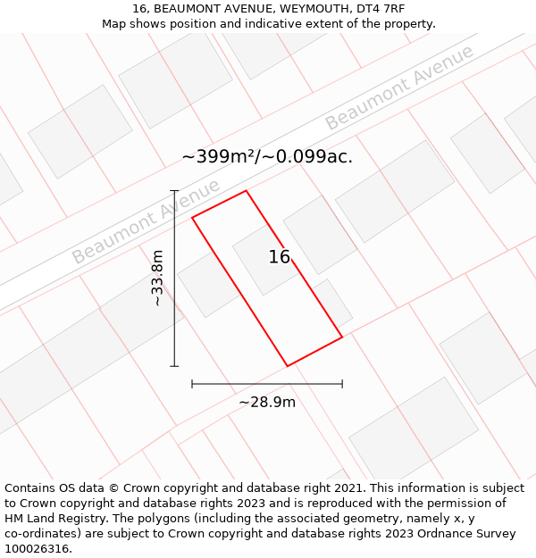 16, BEAUMONT AVENUE, WEYMOUTH, DT4 7RF: Plot and title map