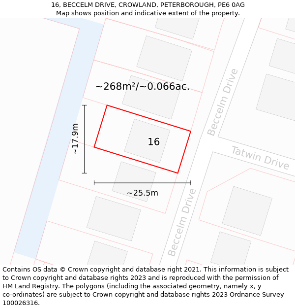 16, BECCELM DRIVE, CROWLAND, PETERBOROUGH, PE6 0AG: Plot and title map