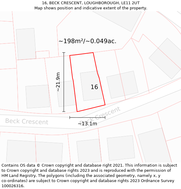 16, BECK CRESCENT, LOUGHBOROUGH, LE11 2UT: Plot and title map