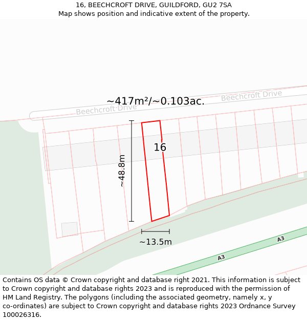 16, BEECHCROFT DRIVE, GUILDFORD, GU2 7SA: Plot and title map