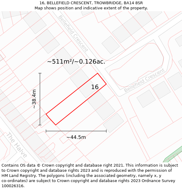 16, BELLEFIELD CRESCENT, TROWBRIDGE, BA14 8SR: Plot and title map