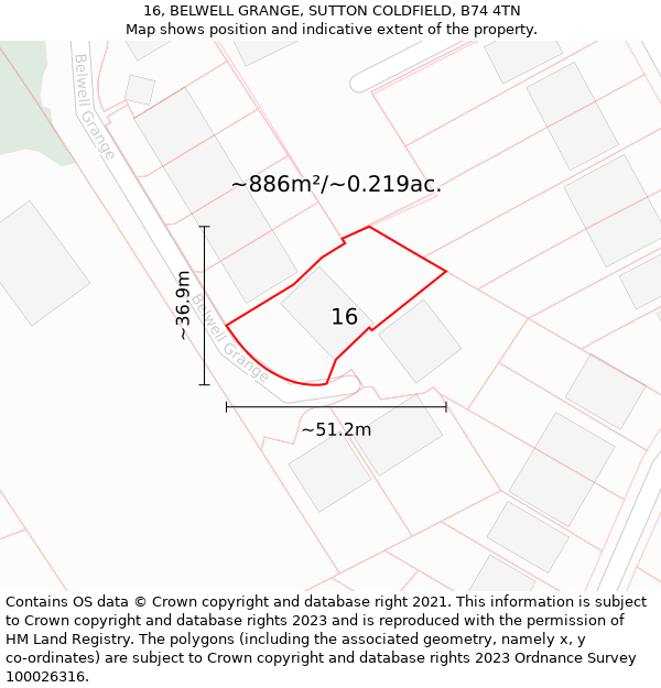 16, BELWELL GRANGE, SUTTON COLDFIELD, B74 4TN: Plot and title map