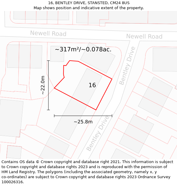 16, BENTLEY DRIVE, STANSTED, CM24 8US: Plot and title map