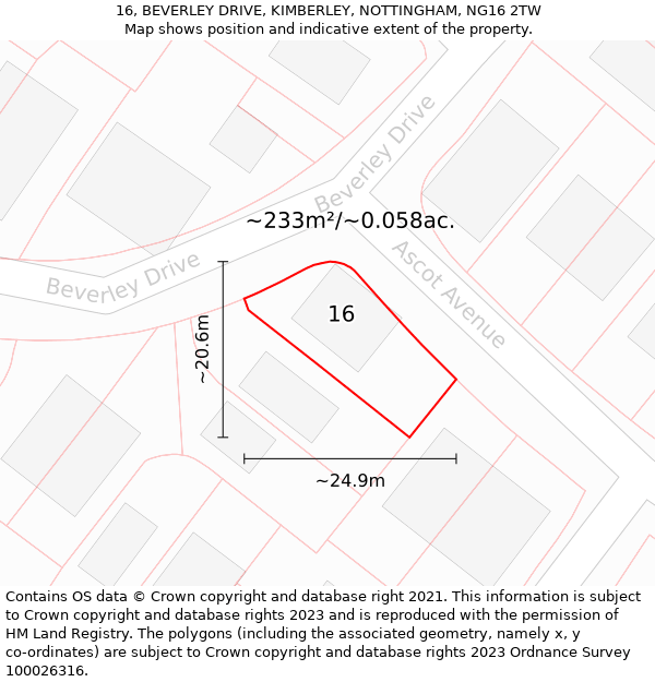 16, BEVERLEY DRIVE, KIMBERLEY, NOTTINGHAM, NG16 2TW: Plot and title map