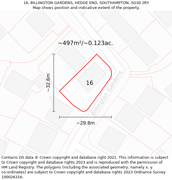 16, BILLINGTON GARDENS, HEDGE END, SOUTHAMPTON, SO30 2RY: Plot and title map