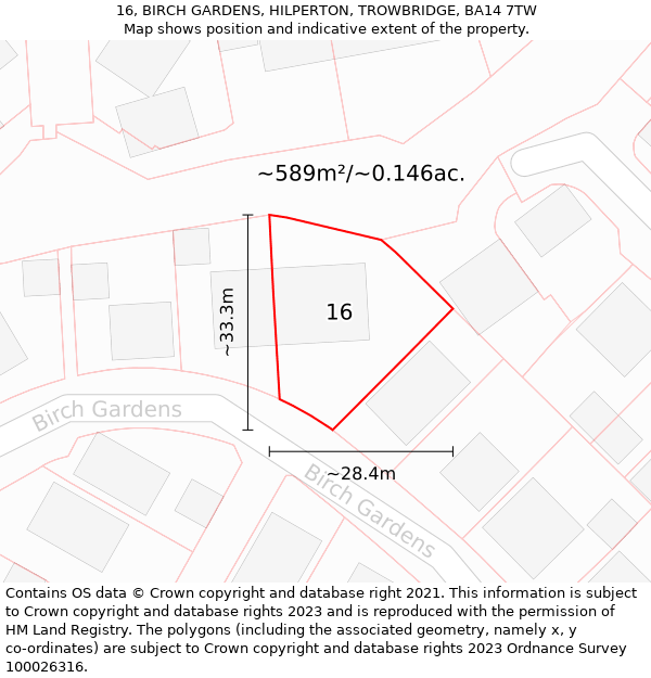 16, BIRCH GARDENS, HILPERTON, TROWBRIDGE, BA14 7TW: Plot and title map