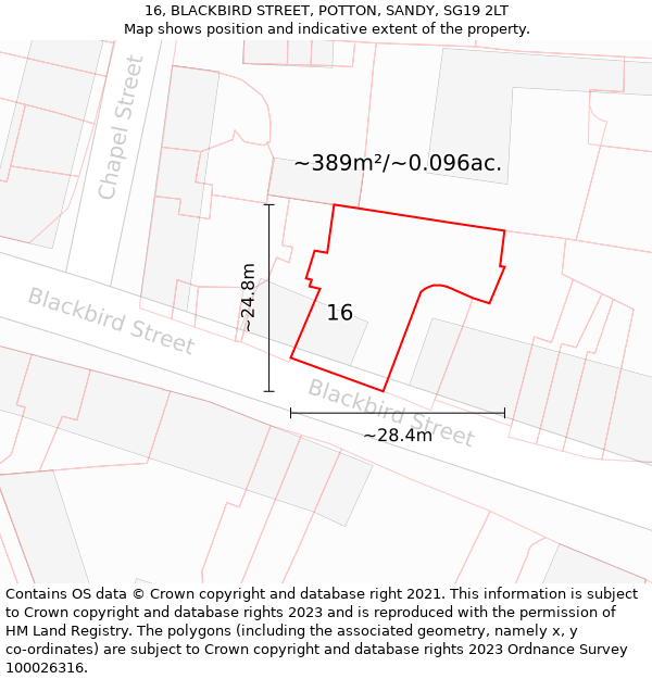 16, BLACKBIRD STREET, POTTON, SANDY, SG19 2LT: Plot and title map