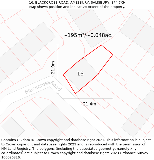 16, BLACKCROSS ROAD, AMESBURY, SALISBURY, SP4 7XH: Plot and title map