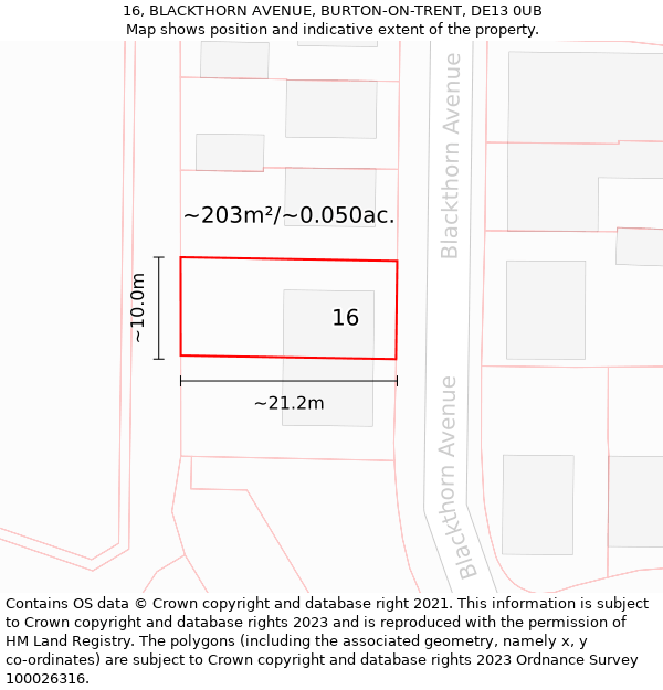 16, BLACKTHORN AVENUE, BURTON-ON-TRENT, DE13 0UB: Plot and title map