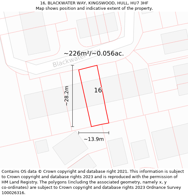 16, BLACKWATER WAY, KINGSWOOD, HULL, HU7 3HF: Plot and title map