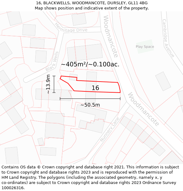 16, BLACKWELLS, WOODMANCOTE, DURSLEY, GL11 4BG: Plot and title map