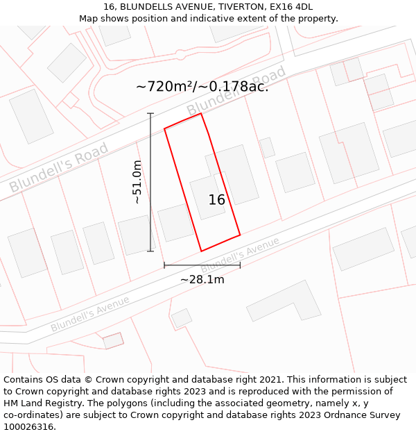 16, BLUNDELLS AVENUE, TIVERTON, EX16 4DL: Plot and title map