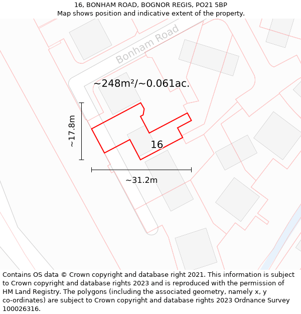 16, BONHAM ROAD, BOGNOR REGIS, PO21 5BP: Plot and title map