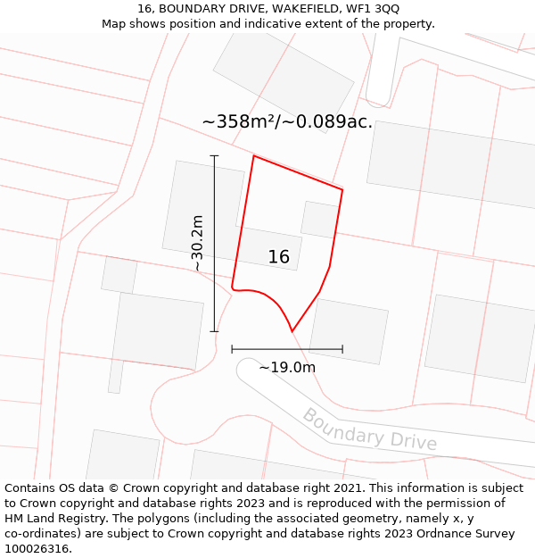 16, BOUNDARY DRIVE, WAKEFIELD, WF1 3QQ: Plot and title map