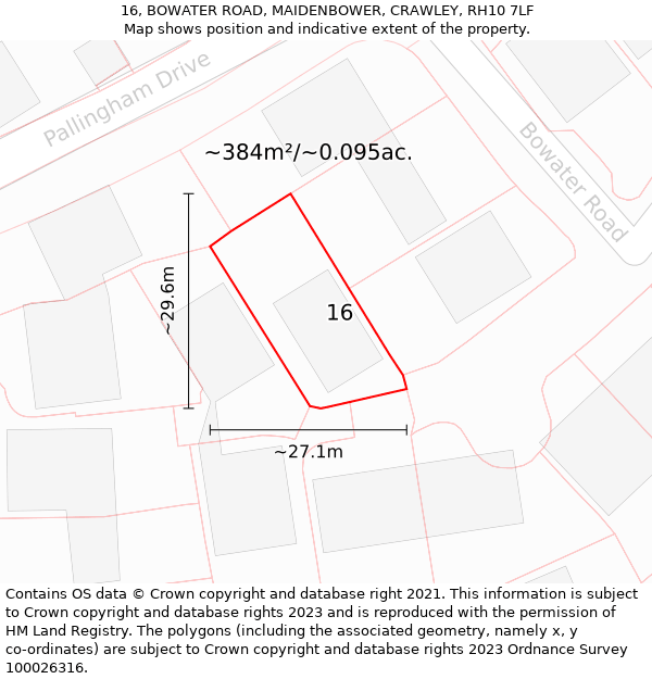 16, BOWATER ROAD, MAIDENBOWER, CRAWLEY, RH10 7LF: Plot and title map