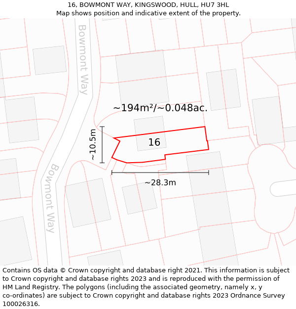16, BOWMONT WAY, KINGSWOOD, HULL, HU7 3HL: Plot and title map