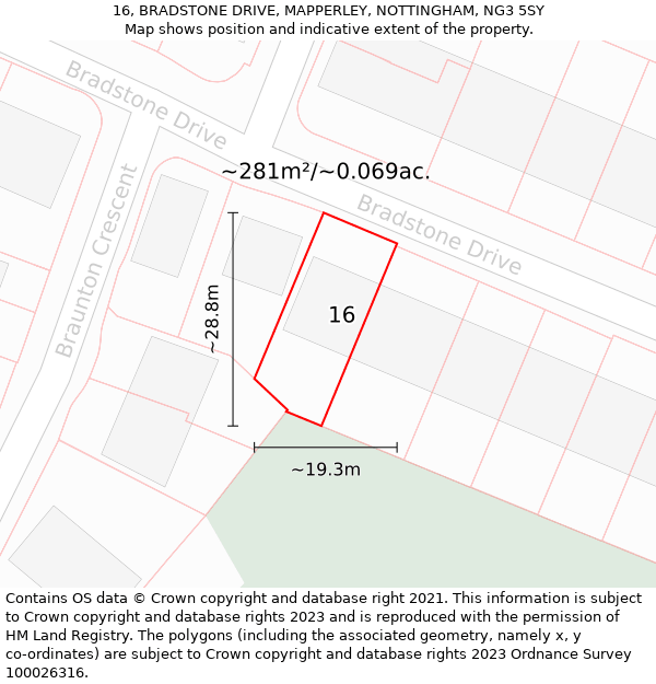 16, BRADSTONE DRIVE, MAPPERLEY, NOTTINGHAM, NG3 5SY: Plot and title map