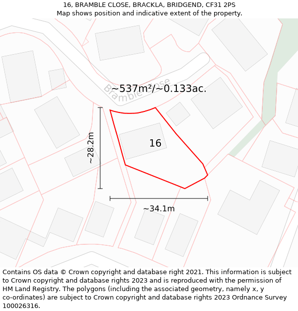 16, BRAMBLE CLOSE, BRACKLA, BRIDGEND, CF31 2PS: Plot and title map