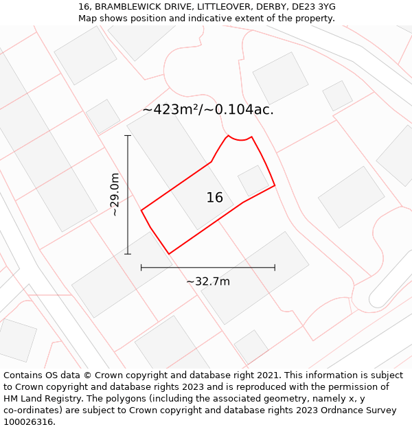 16, BRAMBLEWICK DRIVE, LITTLEOVER, DERBY, DE23 3YG: Plot and title map