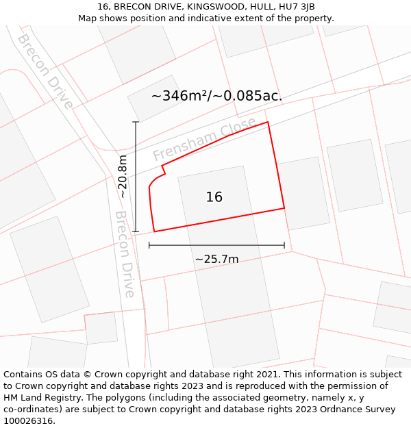 16, BRECON DRIVE, KINGSWOOD, HULL, HU7 3JB: Plot and title map