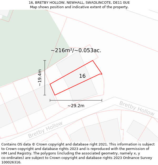 16, BRETBY HOLLOW, NEWHALL, SWADLINCOTE, DE11 0UE: Plot and title map