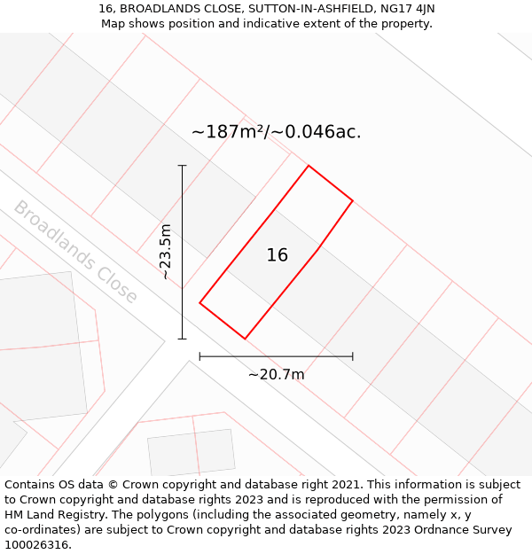16, BROADLANDS CLOSE, SUTTON-IN-ASHFIELD, NG17 4JN: Plot and title map