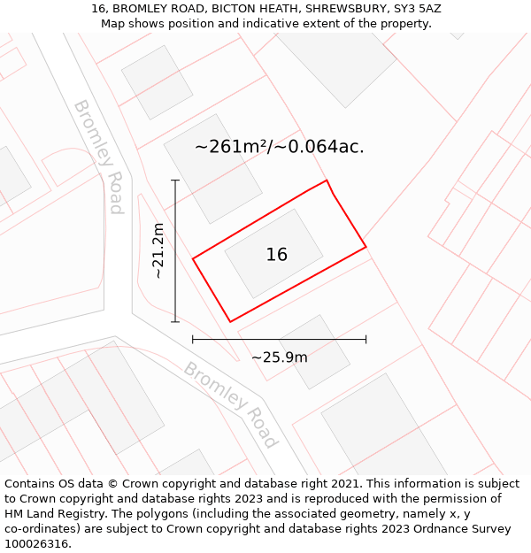 16, BROMLEY ROAD, BICTON HEATH, SHREWSBURY, SY3 5AZ: Plot and title map