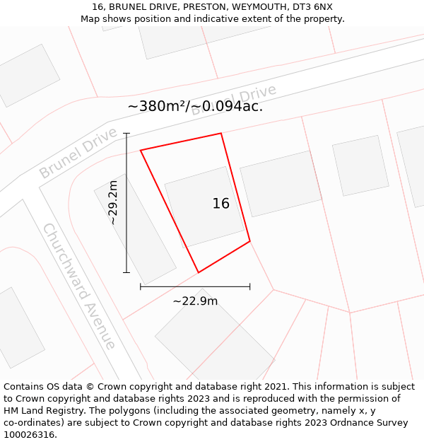 16, BRUNEL DRIVE, PRESTON, WEYMOUTH, DT3 6NX: Plot and title map