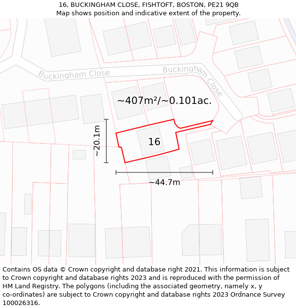 16, BUCKINGHAM CLOSE, FISHTOFT, BOSTON, PE21 9QB: Plot and title map